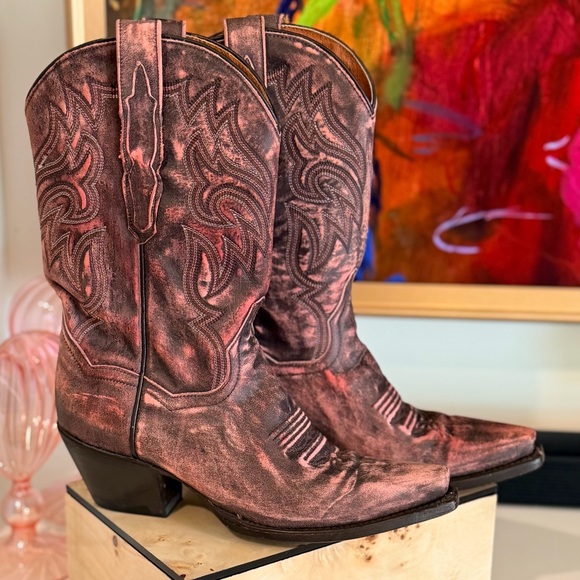Dan Post Shoes - Dan Post Pink Distressed Leather Cowboy Boots Size 6.5 Western Snip Toe